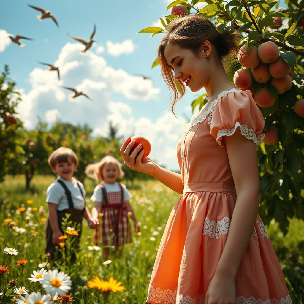 Peach Harvest in Sunny Meadow: Cinematic Still
