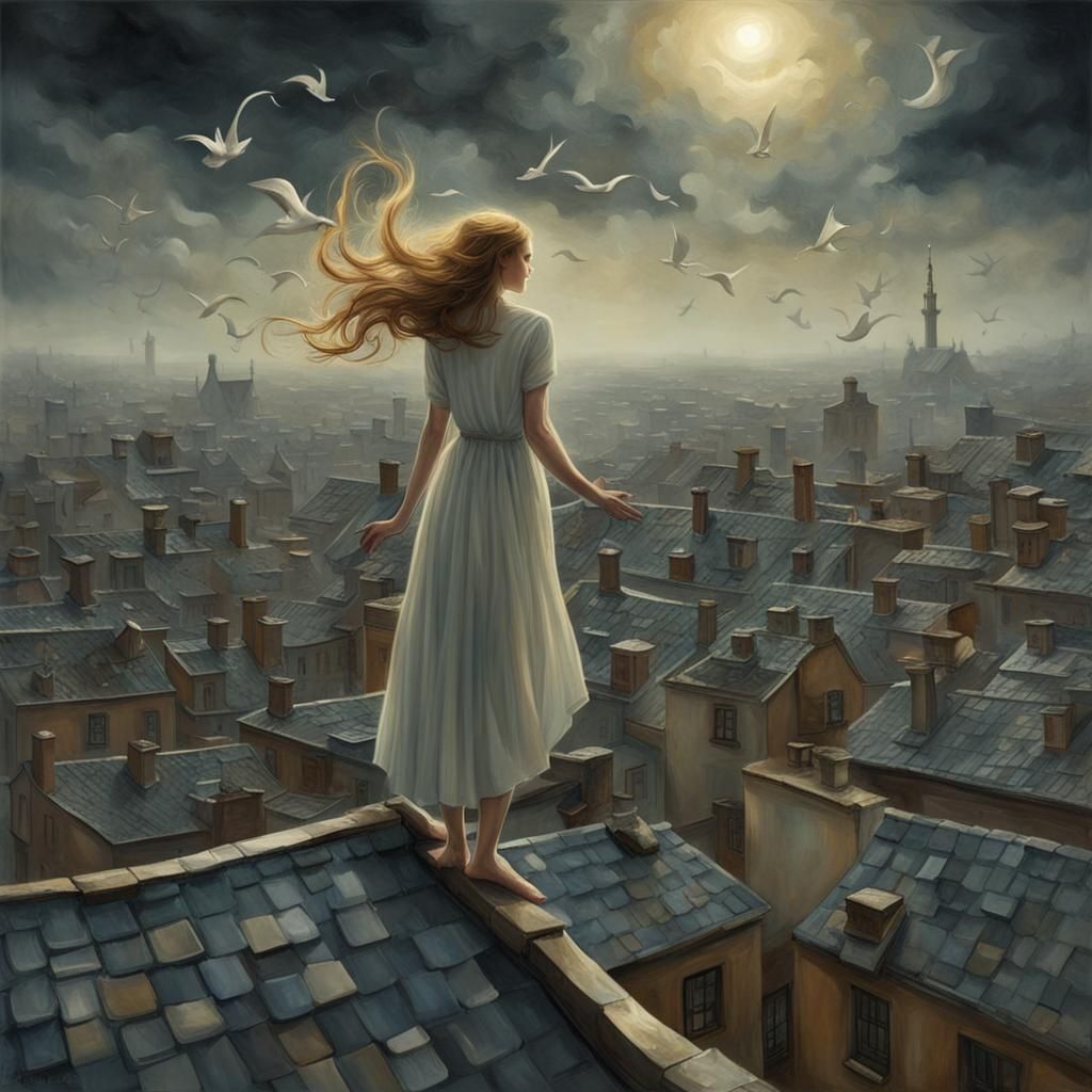 Surreal Rooftop Figure Shouts into the Wind