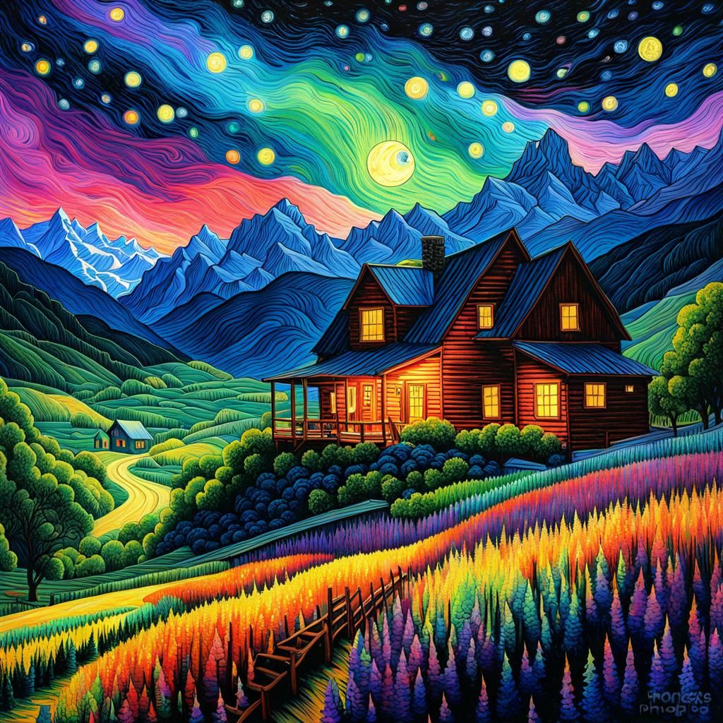 Vineyard Cabin Under Starry Night Sky, Watercolor Painting