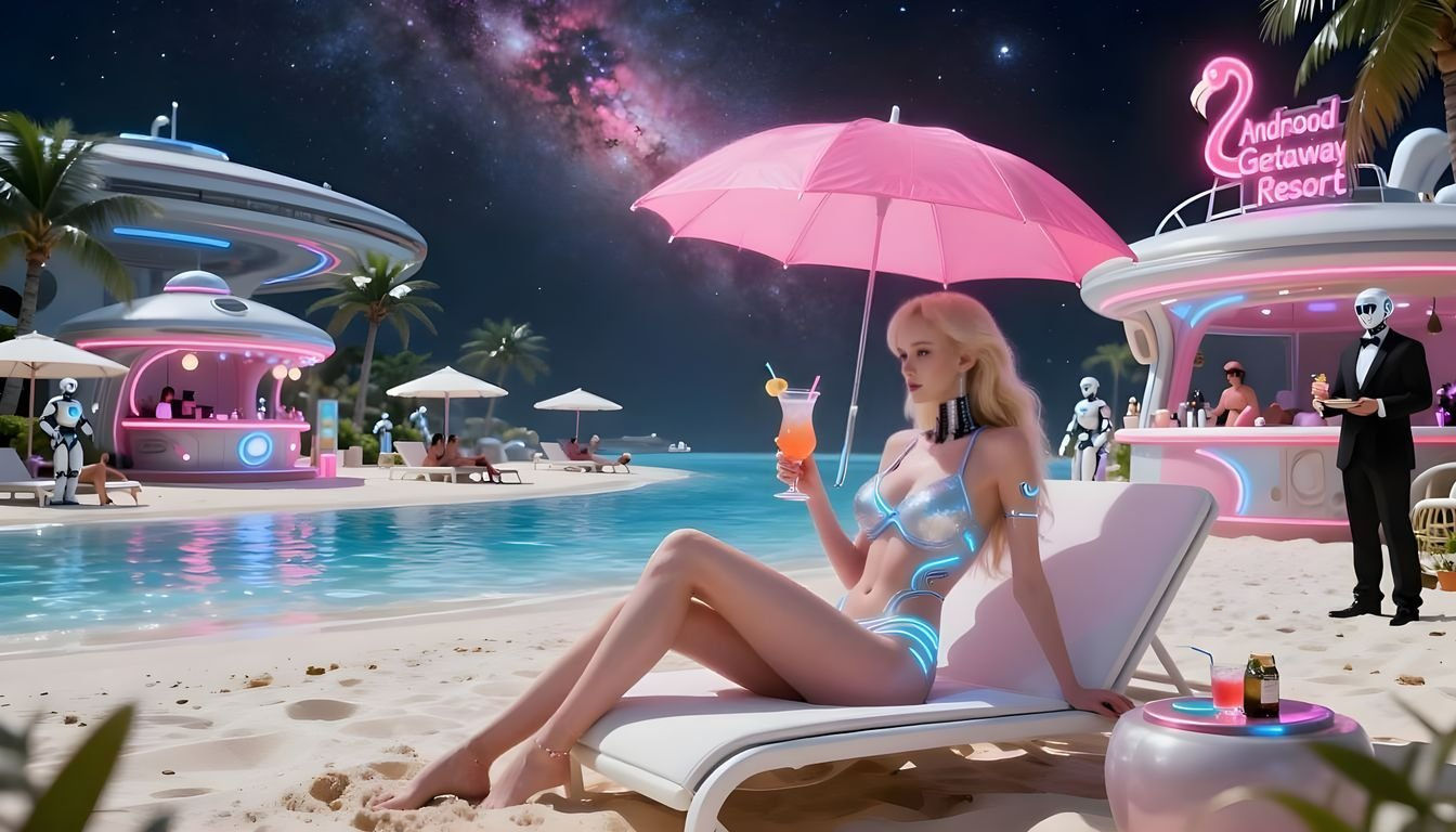 Android Lounging at Futuristic Beach Resort in Space