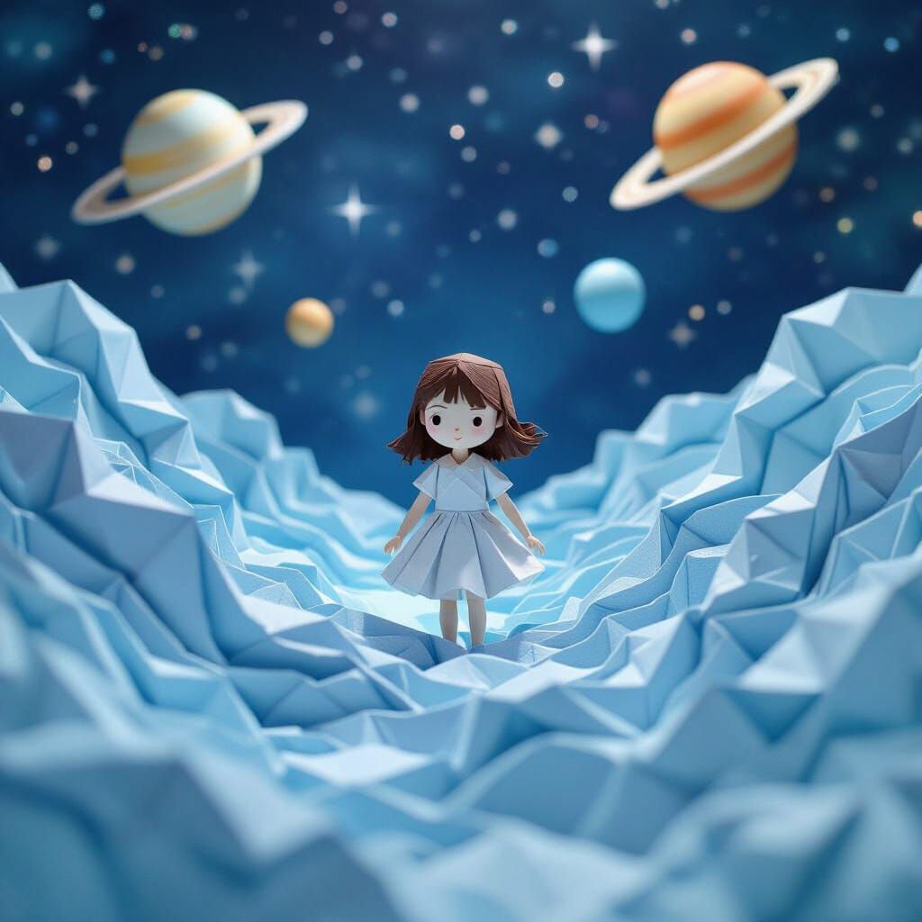 Origami Girl Lost in Cosmic Galaxy with Papercraft Planets