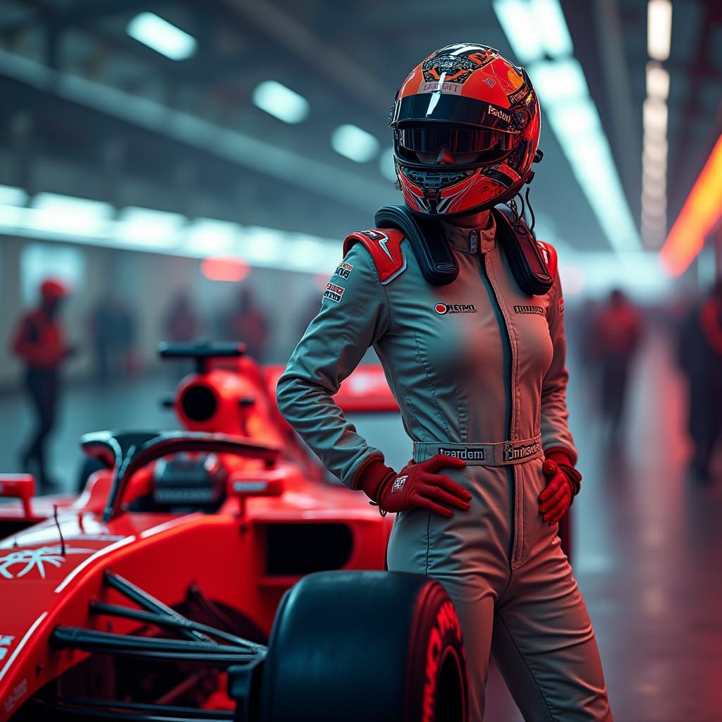 Confident F1 Driver in Futuristic Pits Setting