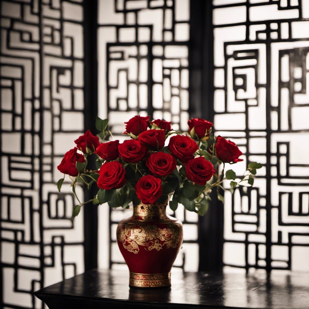 A warmly lit medium shot of a bouquet of red roses in a red ...