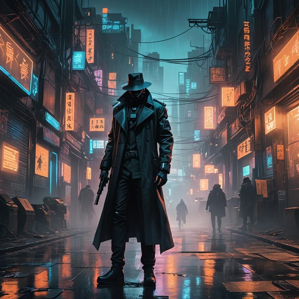 Cyberpunk Freelancer in Dystopian Metropolis Alleyway