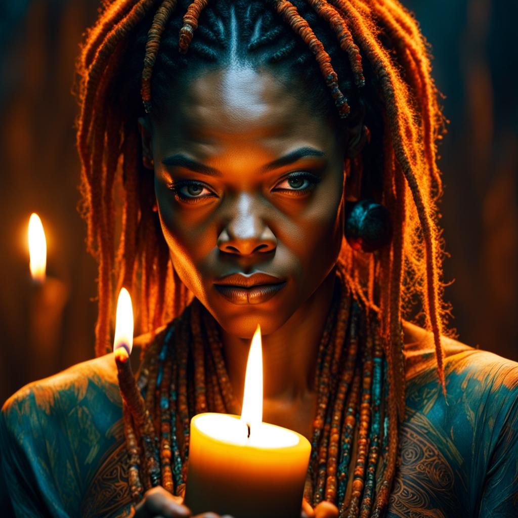 Woman with Glowing Tattoos Holding Candle