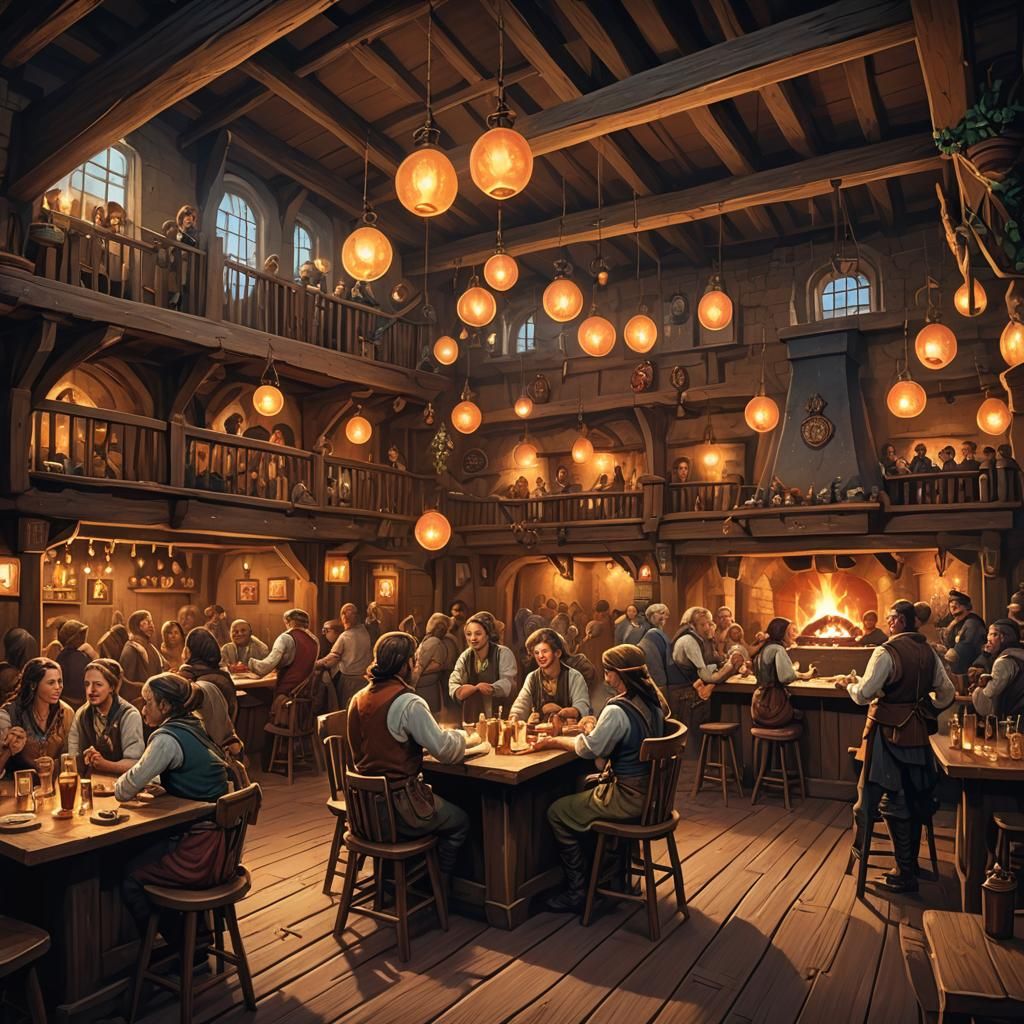 Lively Tavern Scene in Detailed Fantasy Art
