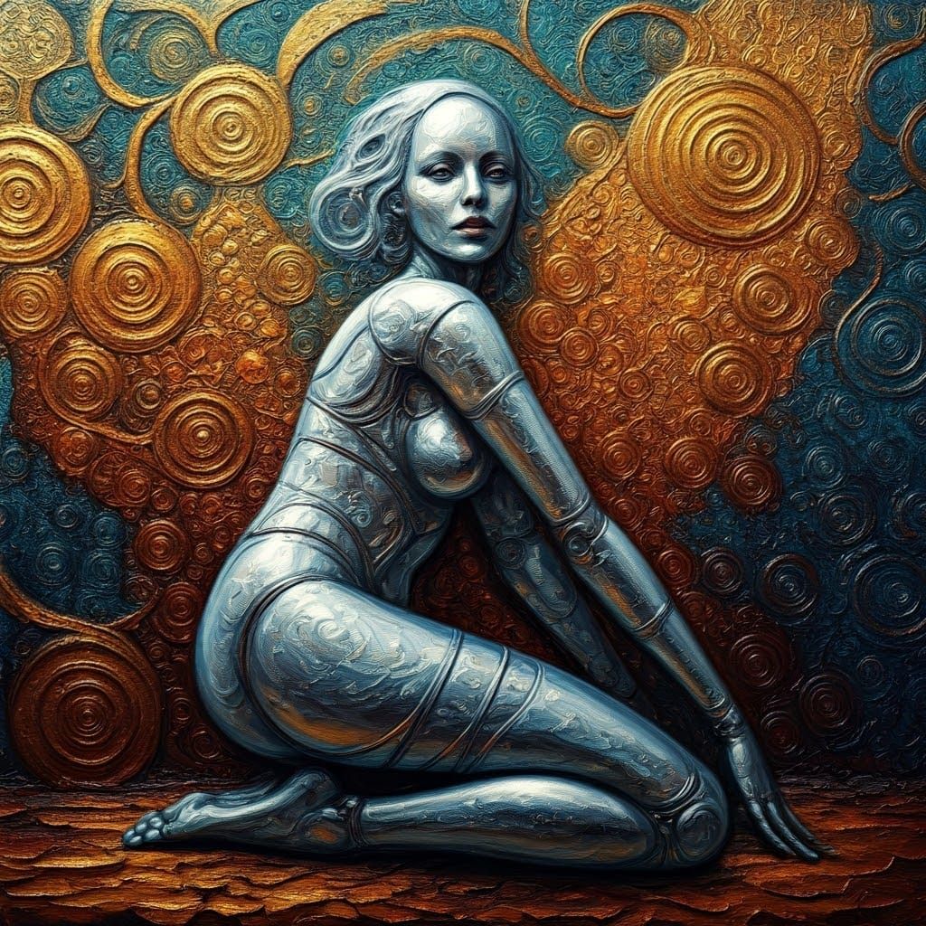 Grotesque Metallic Girl: Abstract Collage in Impasto Style