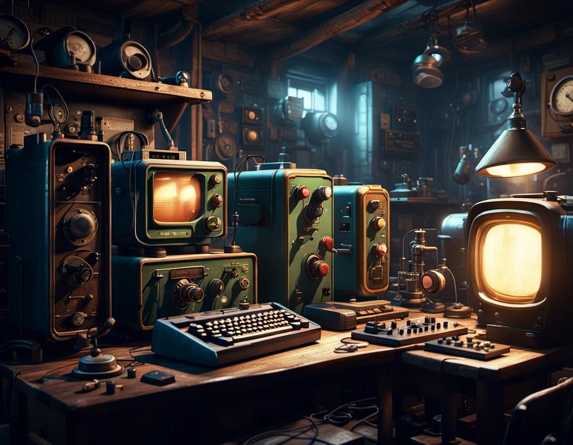 Vintage Tech Room in Cinematic 3D Game Style