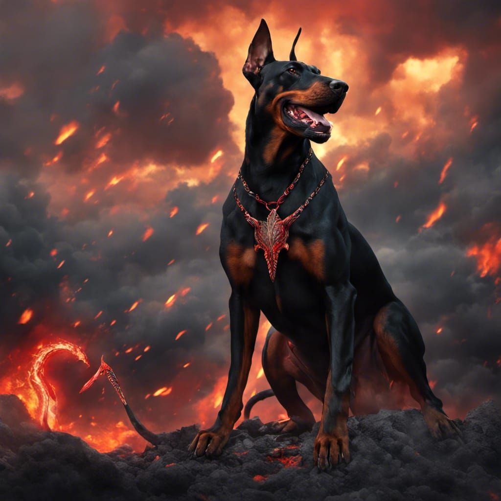 Doberman in Fiery Dragon Fight: Fantasy Art