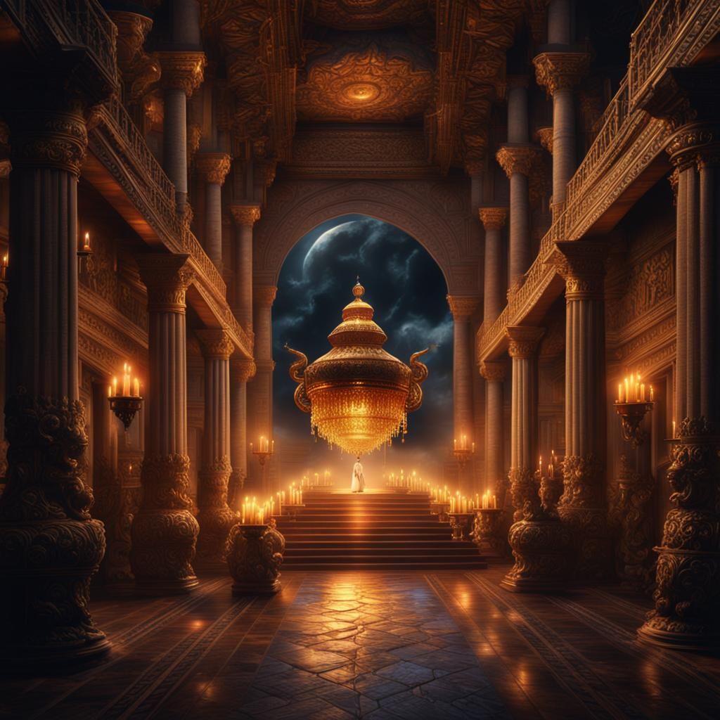 Genie Emerges in Candlelit Hall: Digital Matte Painting