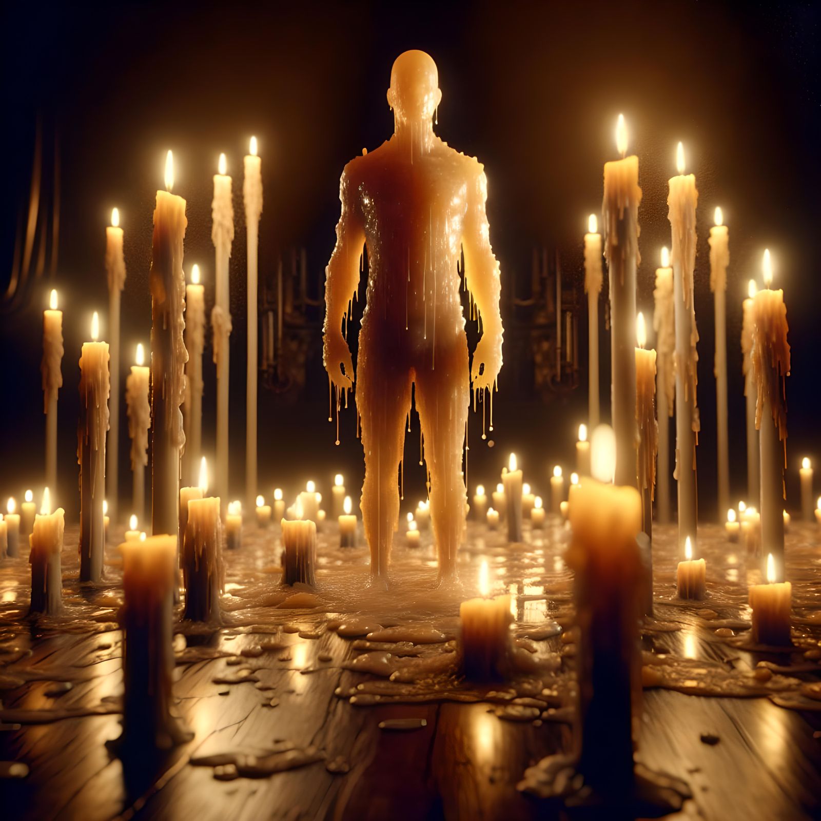 Melting Wax Figure in Candlelight: Hyperrealistic Scene