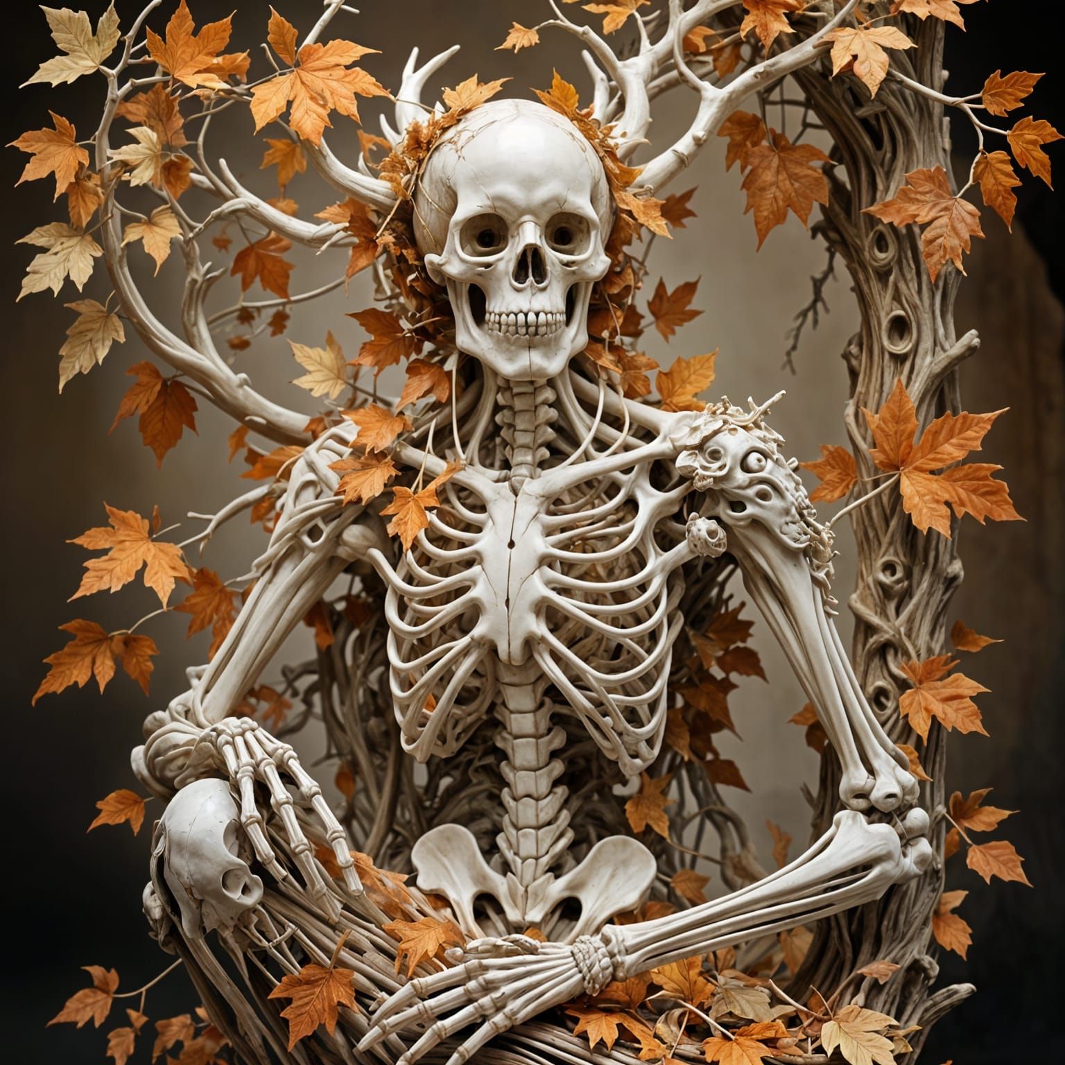Ethereal Skeleton in Ivory and Orange Sculpture