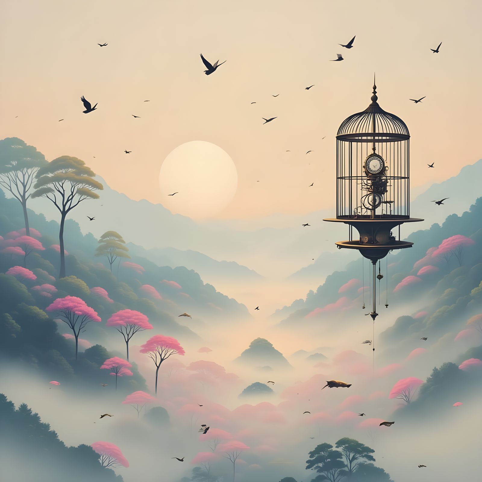 A colossal, ancient clockwork birdcage floats serenely above...