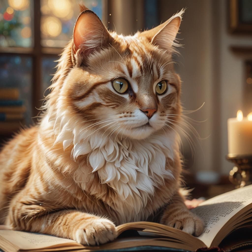 Cat Reading Book in Ethereal Fantasy Style