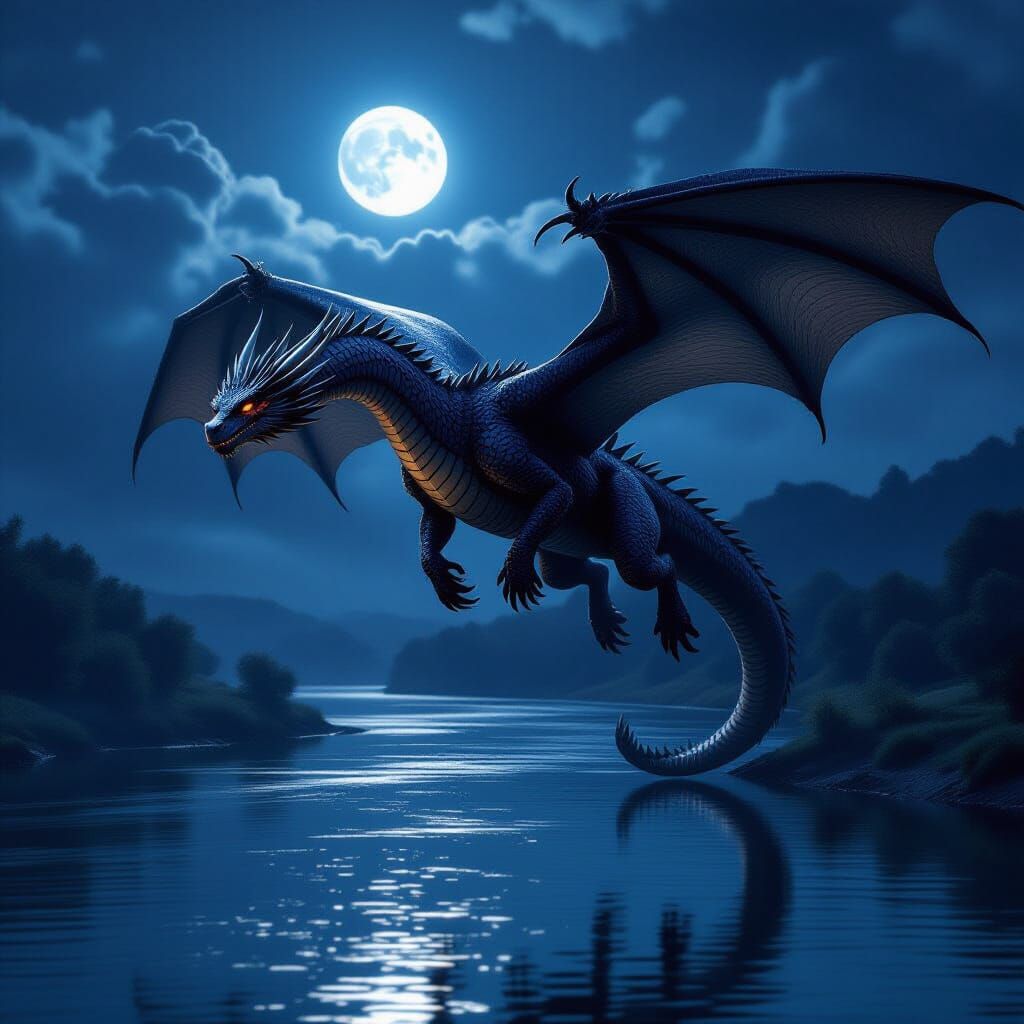 Ancient Dragon Soars Over River Under Moonlight