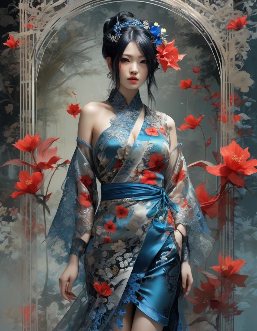 A beautiful Asian woman in a beautiful kimono dress