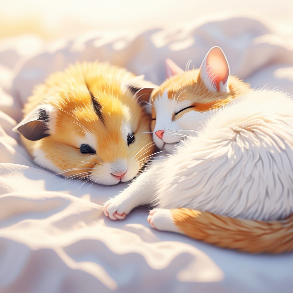 Cute Hamster and Cat Sleeping Together in Watercolour Style