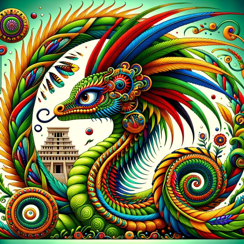 Quetzalcoatl: Elegant Serpentine God in Animated Style