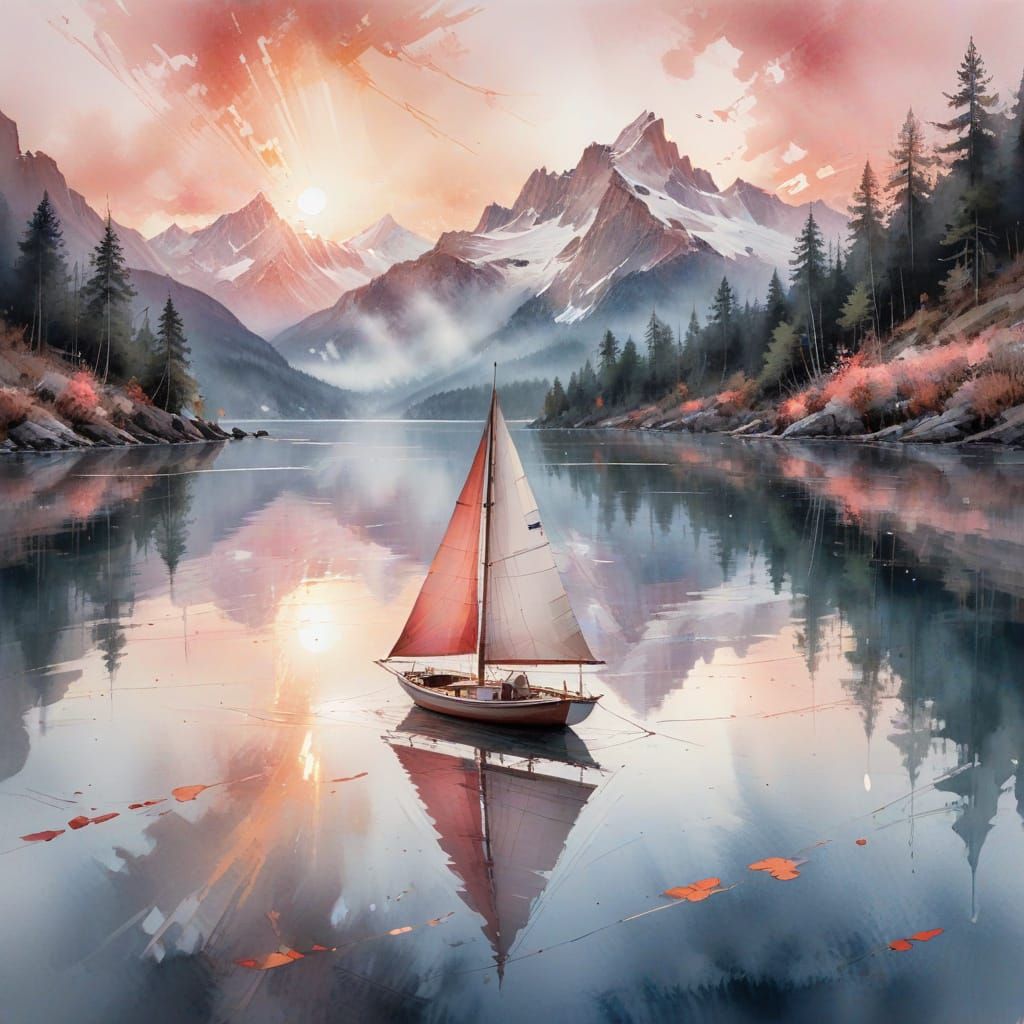 Sailboat at Dawn on Alpine Lake, Watercolour Painting