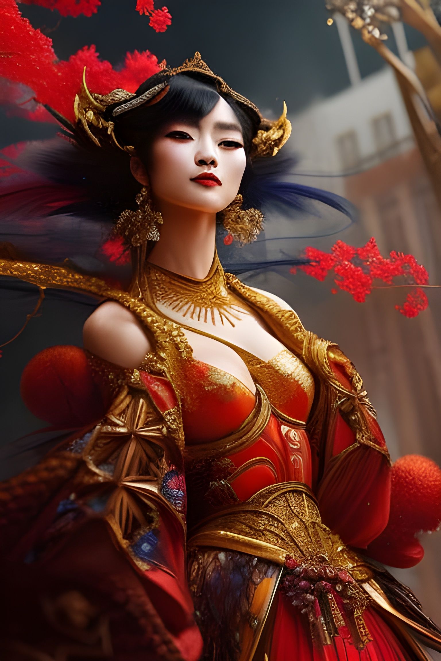 Majestic Geisha Portrait in Hyperdetailed Gouache Illustrati...