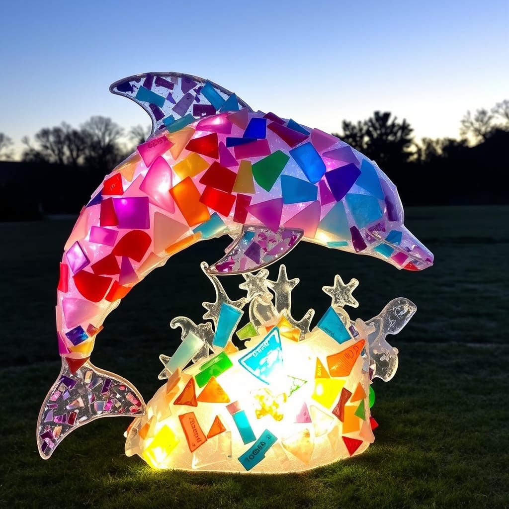 Dolphin Sculpture of Frosted Glass Shards in Many Hues