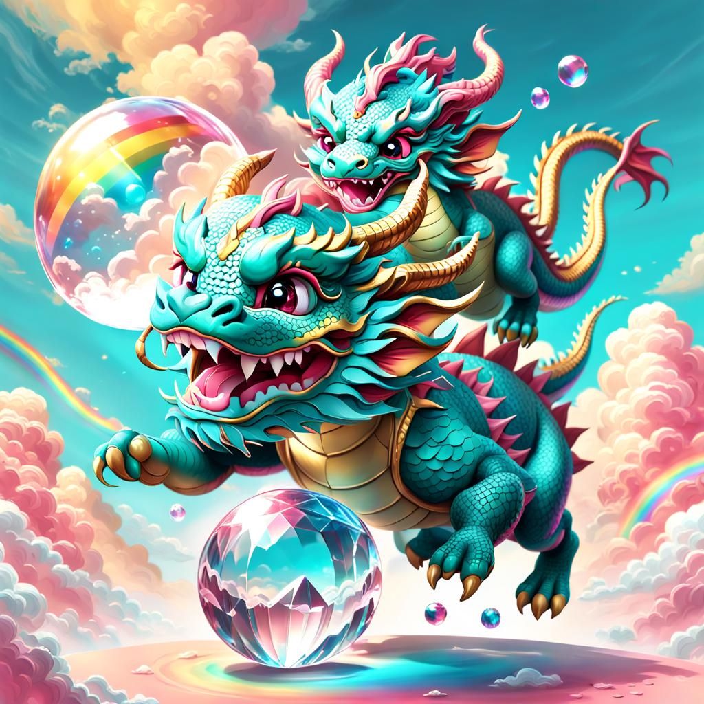 Cute Baby Dragon Chasing Crystal Ball in Rainbow Clouds
