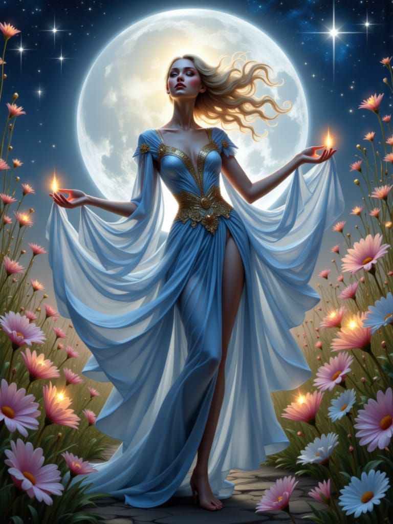 Celestial Goddess Amidst Ethereal Flowers in Cosmic Style