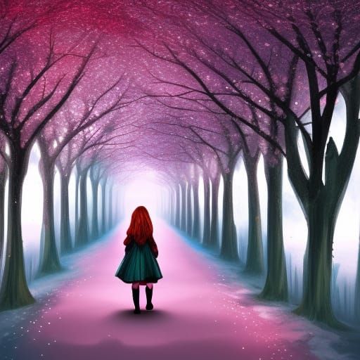 Girl Walks Through Cherry Blossoms in Magical Snow