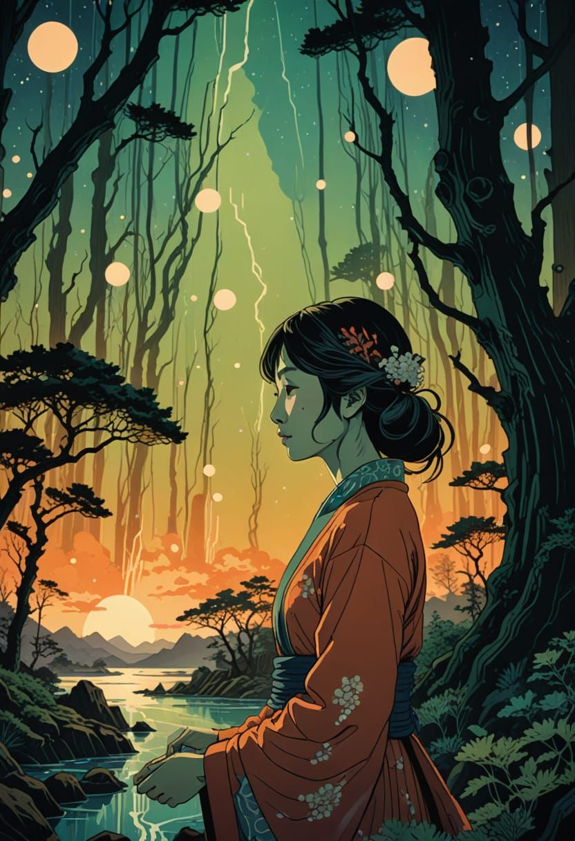 Seductive Woman in Bioluminescent Forest