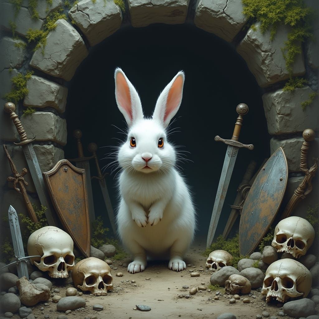 Fuzzy Bunny Surrounded by Dark Medieval Relics in a Haunting...