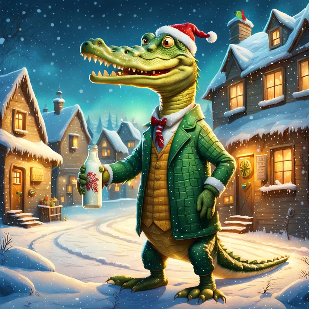 Jovial Crocodile Parrot Brings Holiday Cheer to Snowy Villag...