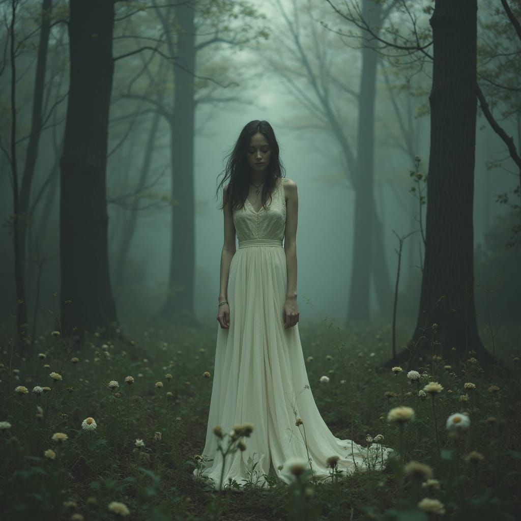 Heartbroken Woman in Misty Forest, Dreamlike Style