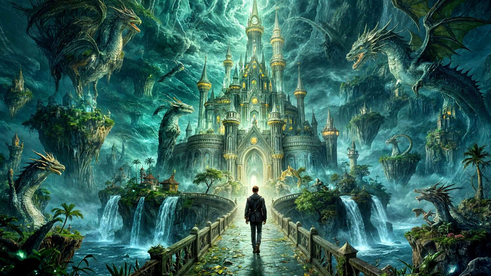 Surreal Castle on Floating Islands with Dragons