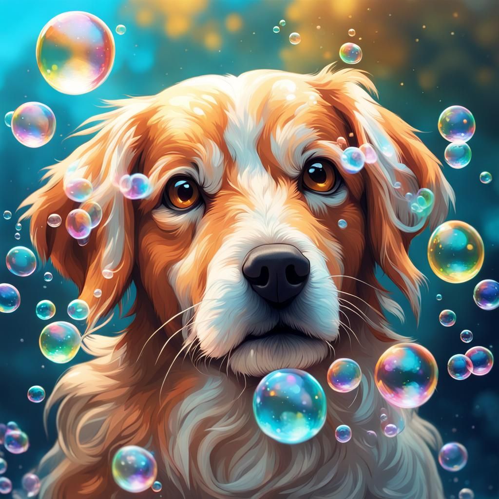 Dog with Soap Bubbles in Anime Style