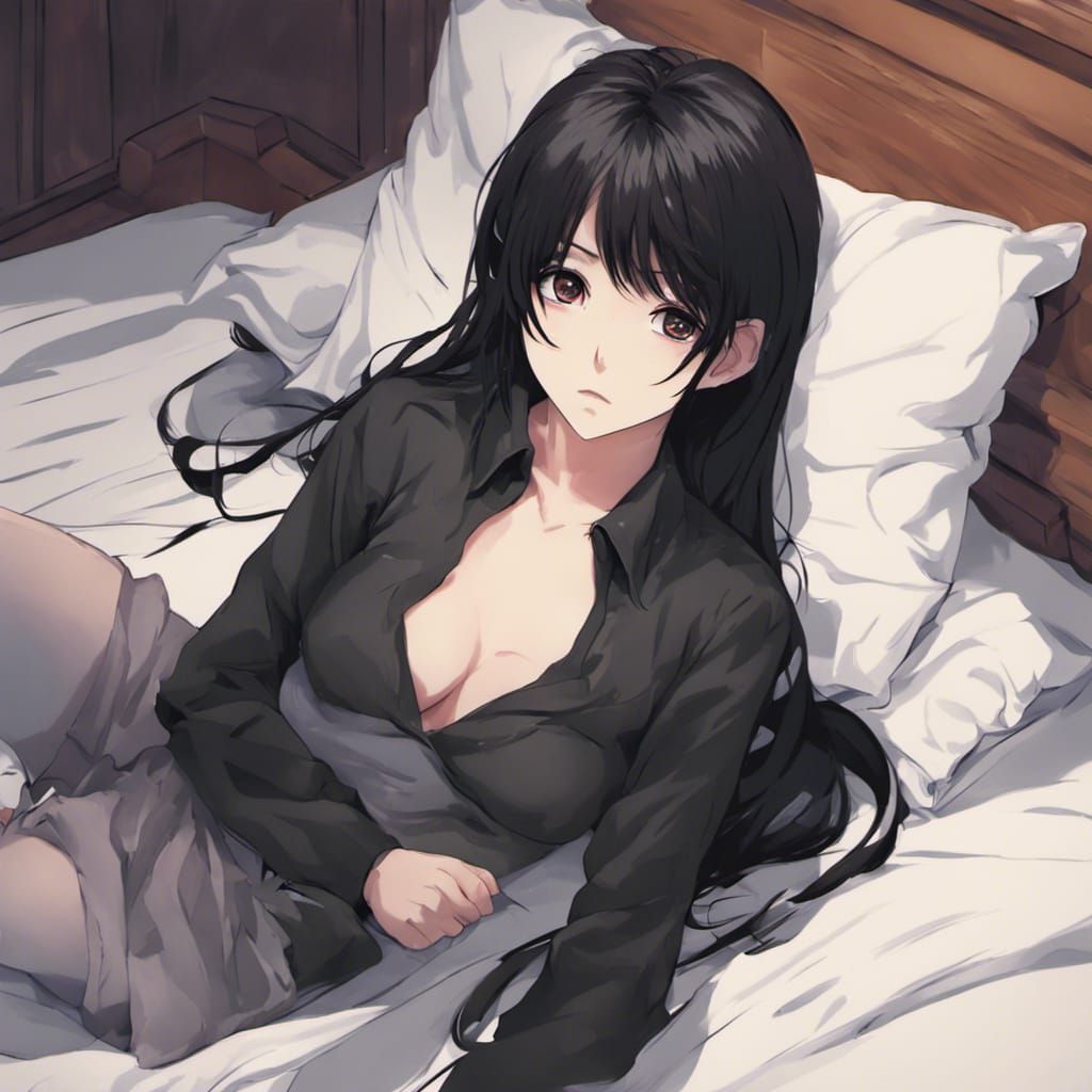 Pensive Anime Girl Lying on Bed in the Dark