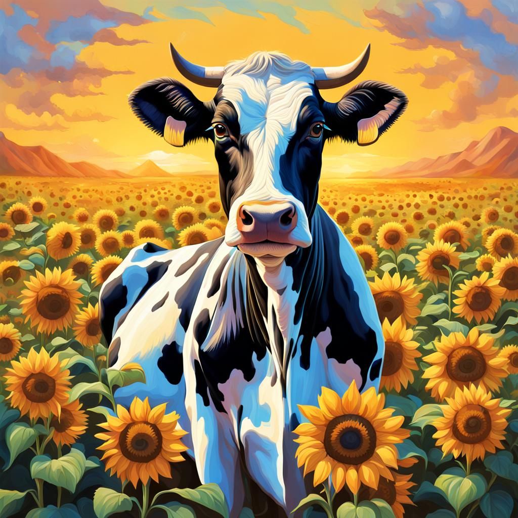 Realistic Cow in Sunflower Field
