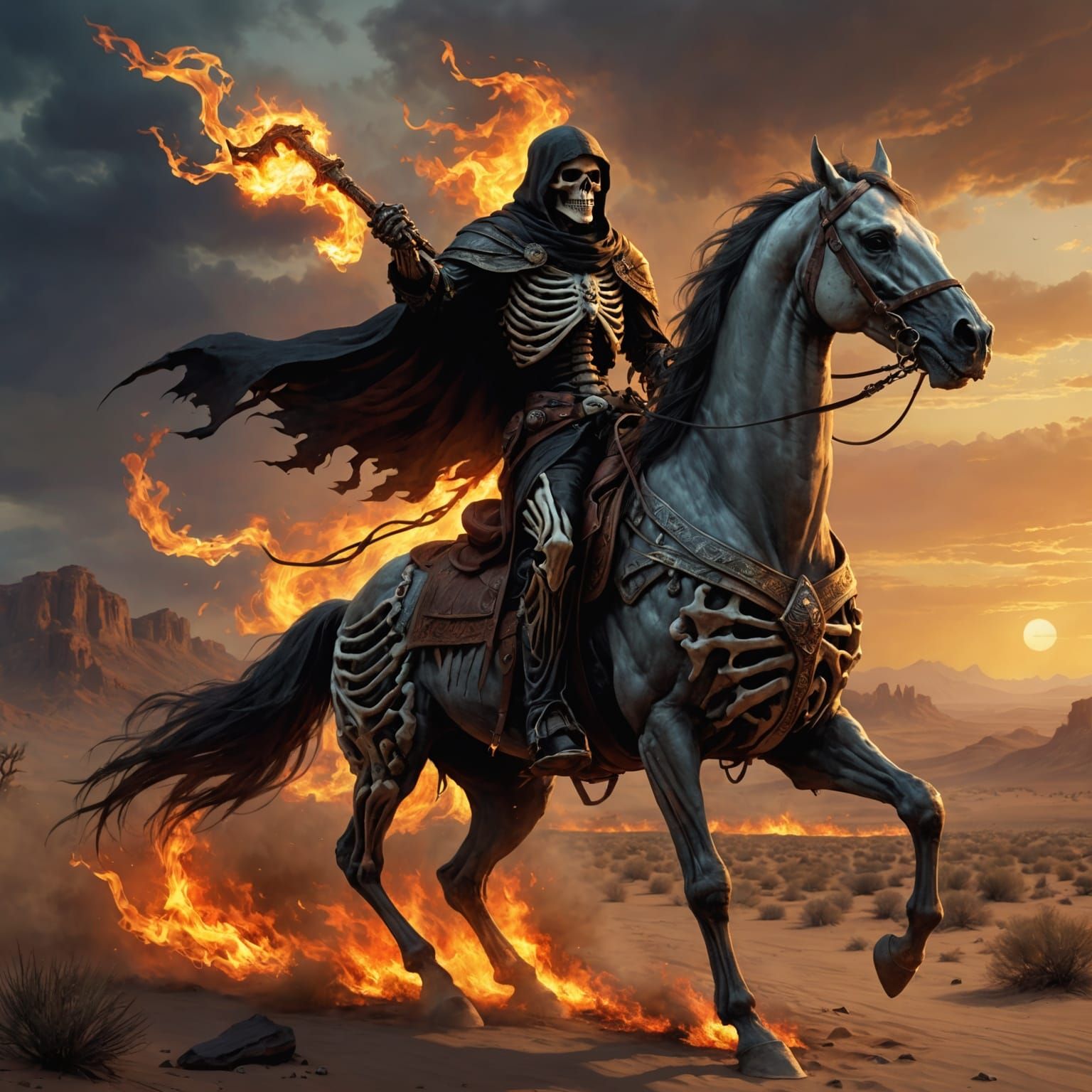 Skeleton Rider in Flaming Desert, Epic Fantasy Art