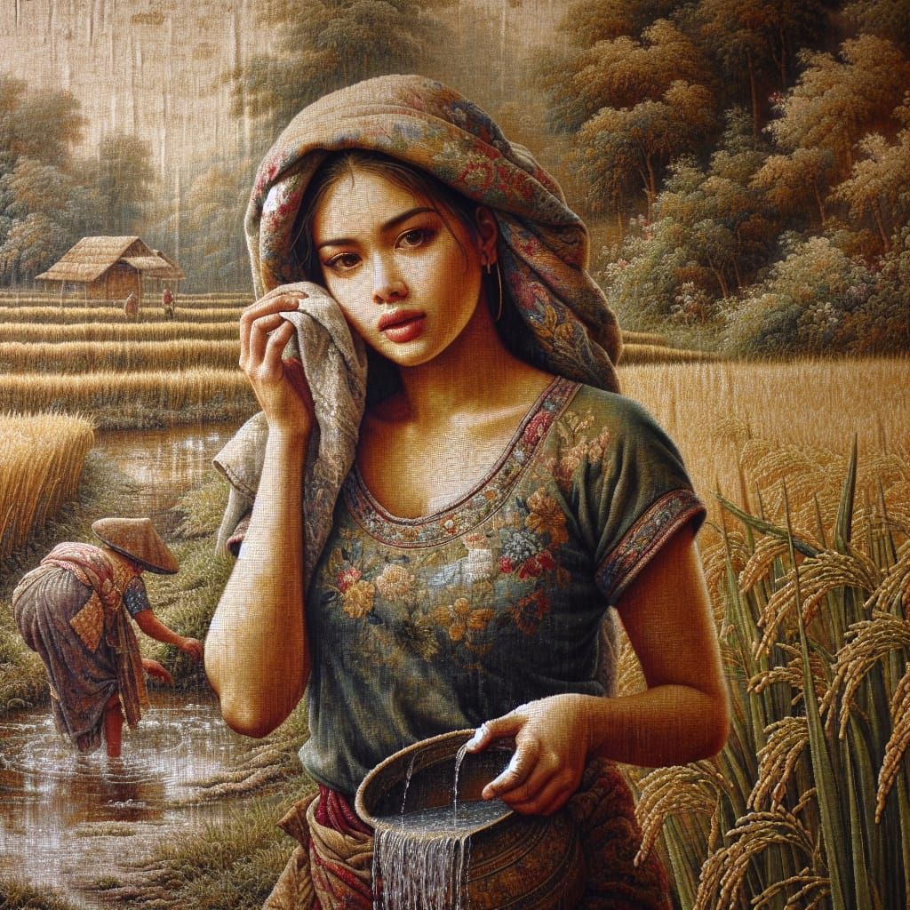 Tapestry of Peasant Woman in Rice Field