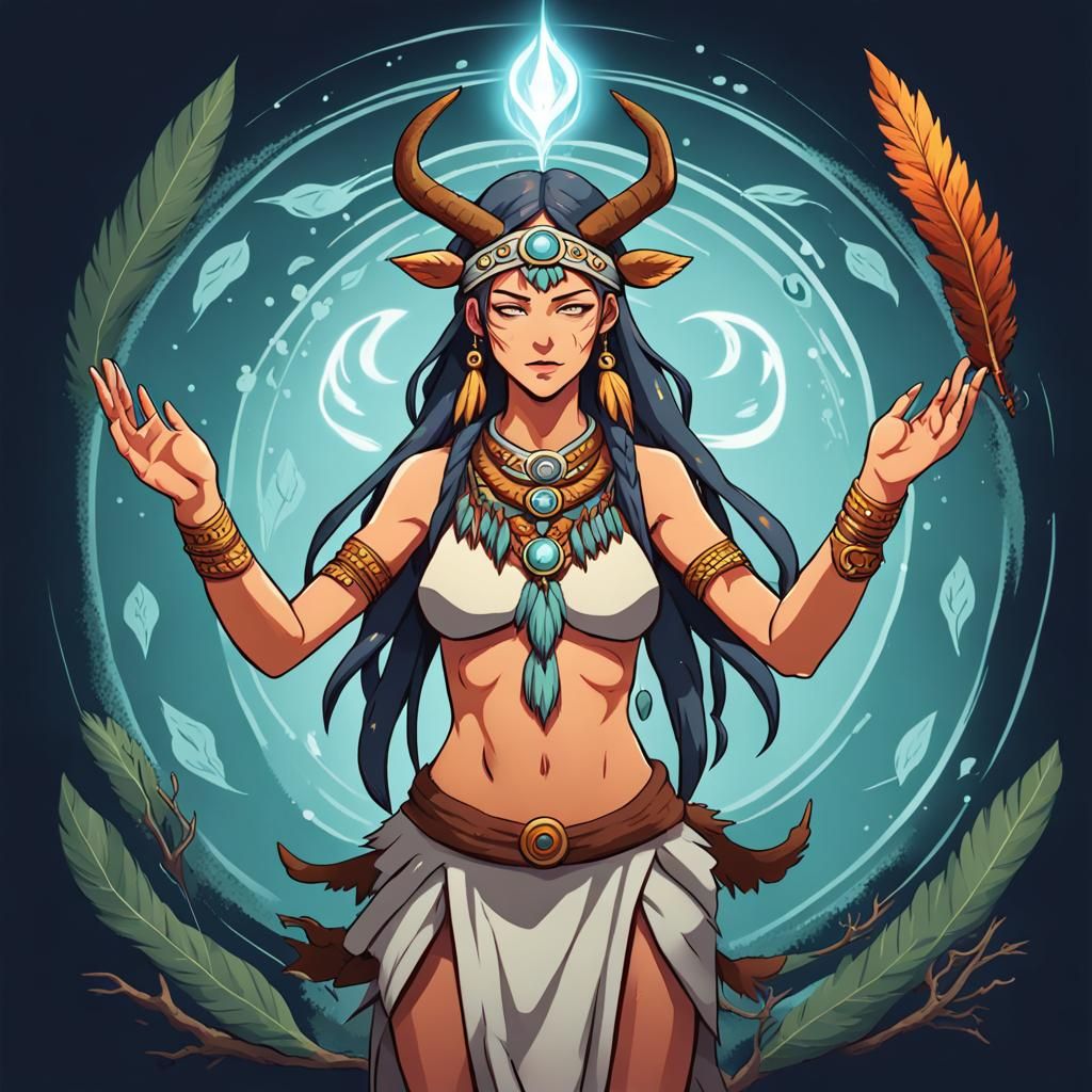 Neolithic Shaman Woman Summoning Spirit in Anime Style