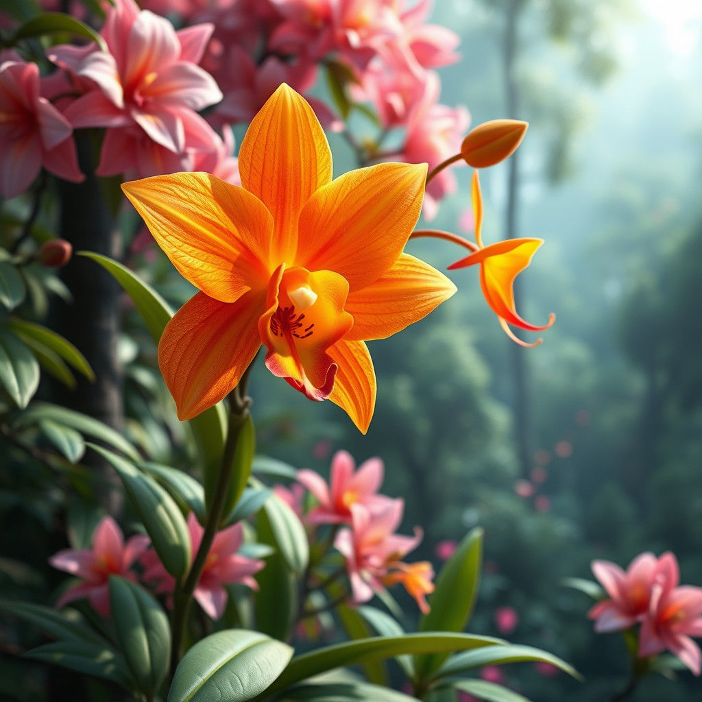 Orange Fire Orchid in Rainforest: 3D Anime Art