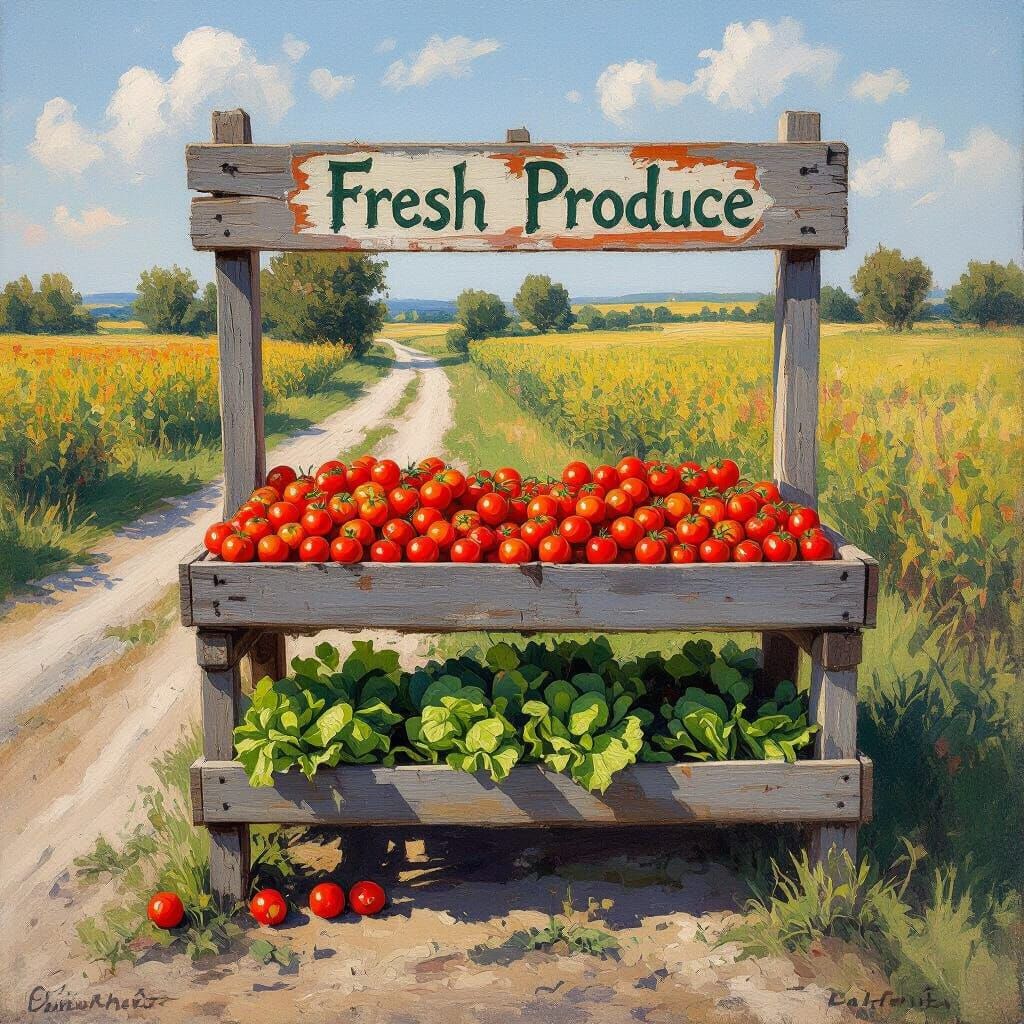 Farmstand Overflowing with Produce in Impressionist Style