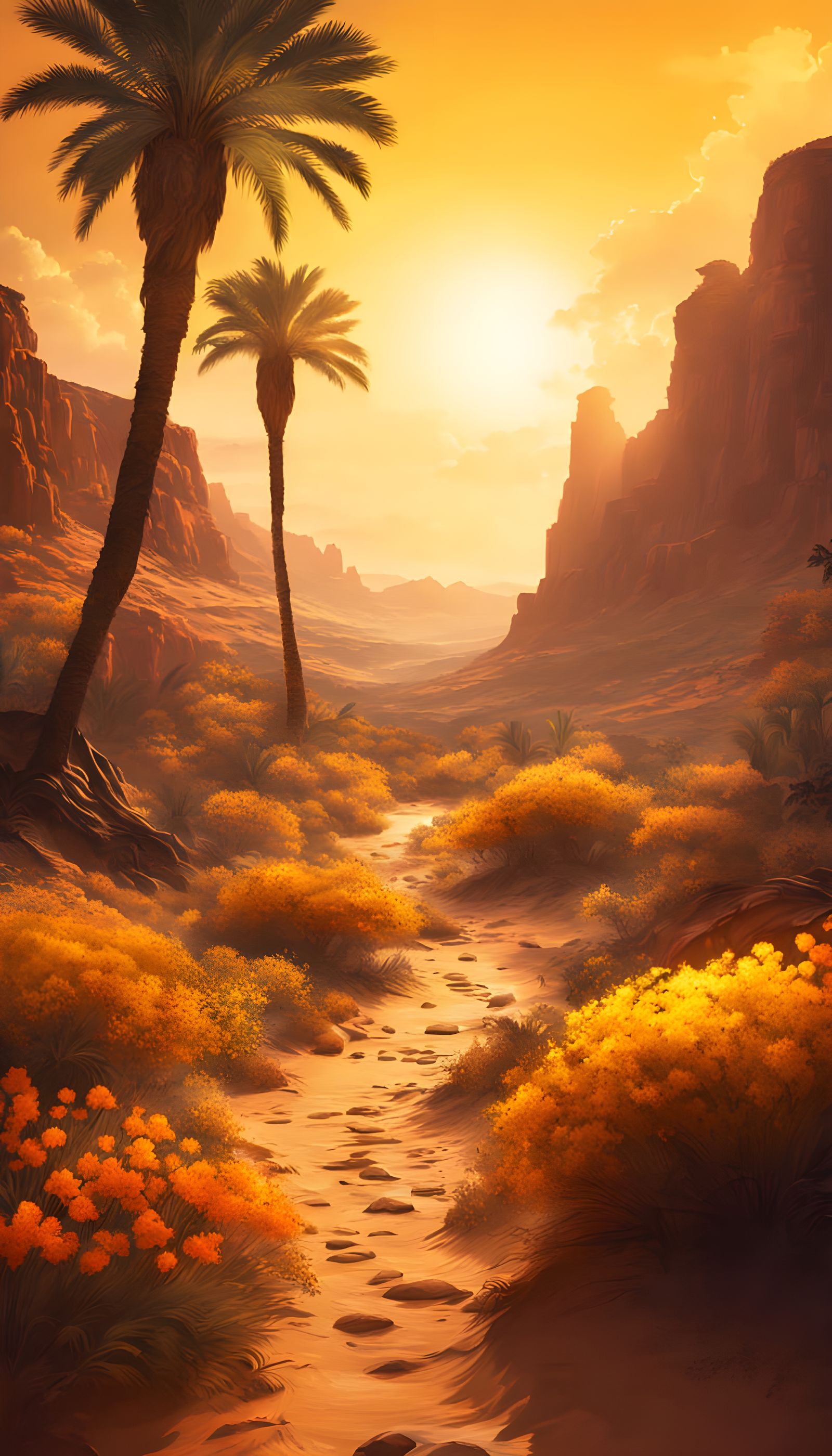 Sahara Oasis with Jungle Flowers: Digital Matte Painting