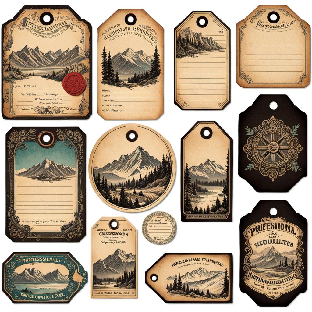 Vintage Shipping Tags with Distressed Mountain Art