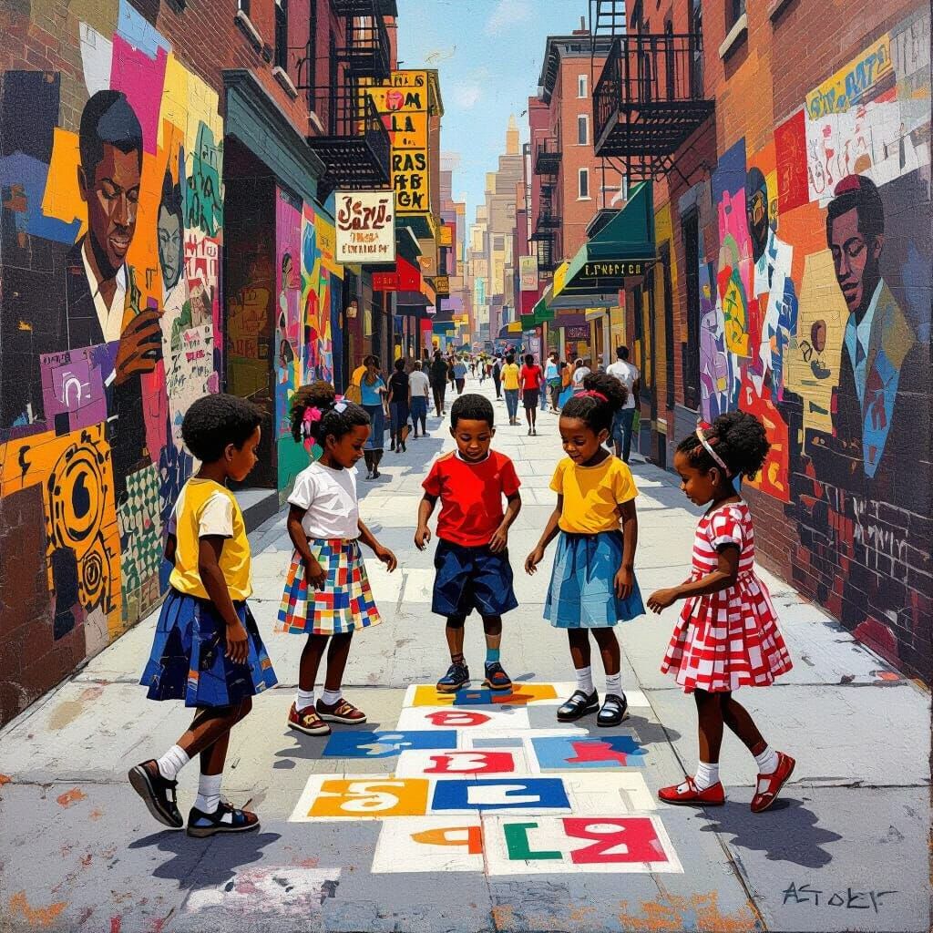 Children's Hopscotch Game in Harlem, Collage Art Style