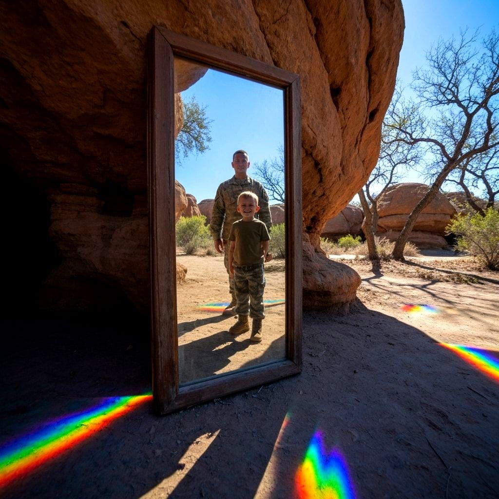 Soldier and Child Reflected in Aurora Sky Mirror