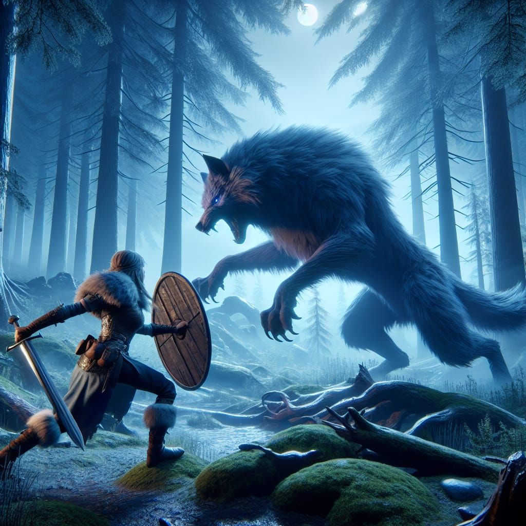 Shieldmaiden Defends Against Fenrir in Epic Fantasy Scene