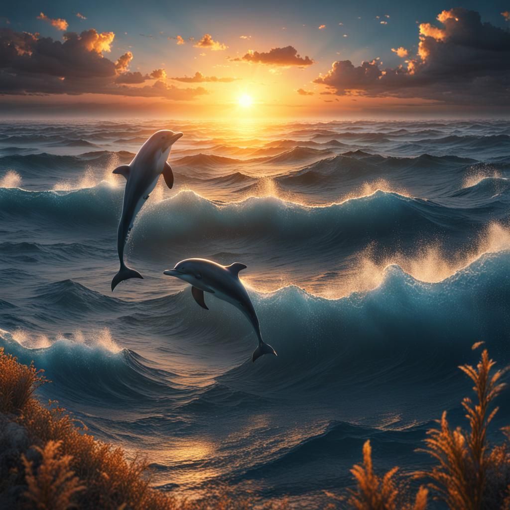Ocean Sunrise with Dolphins: Detailed Matte Painting