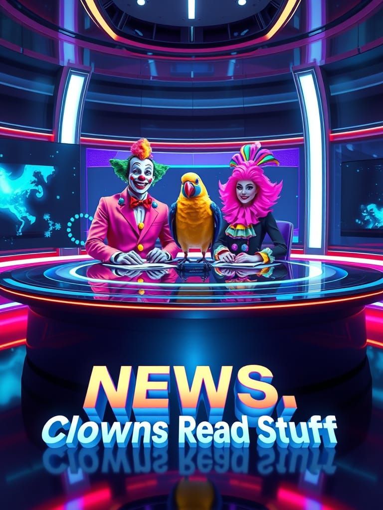 Vibrant Newsroom with Charismatic Clown Anchors