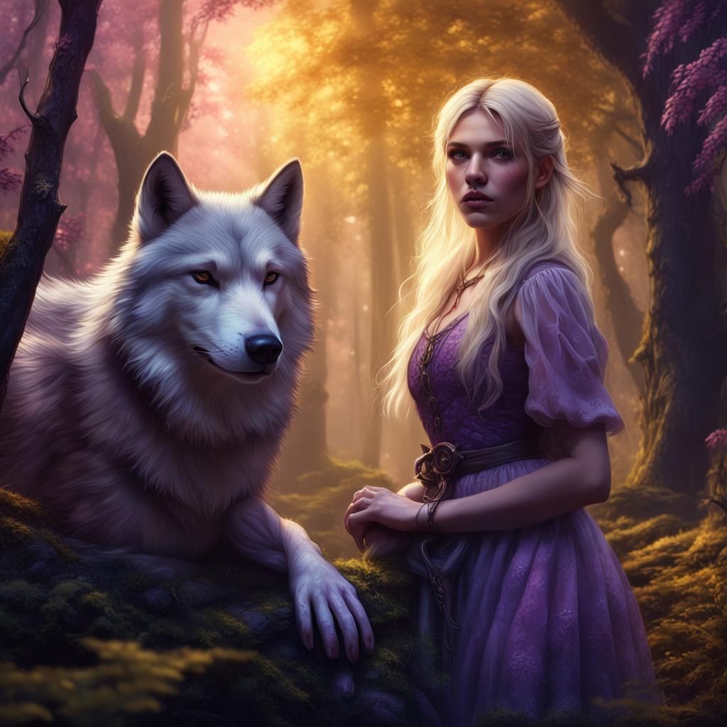 Blonde Girl and Wolf in Enchanted Forest