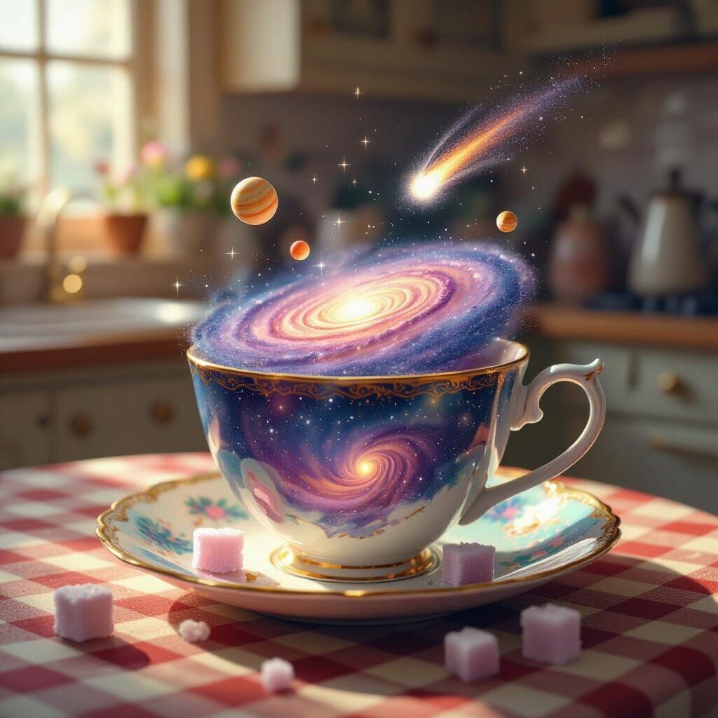 Galaxy Teacup with Planets and Comet in Cozy Kitchen